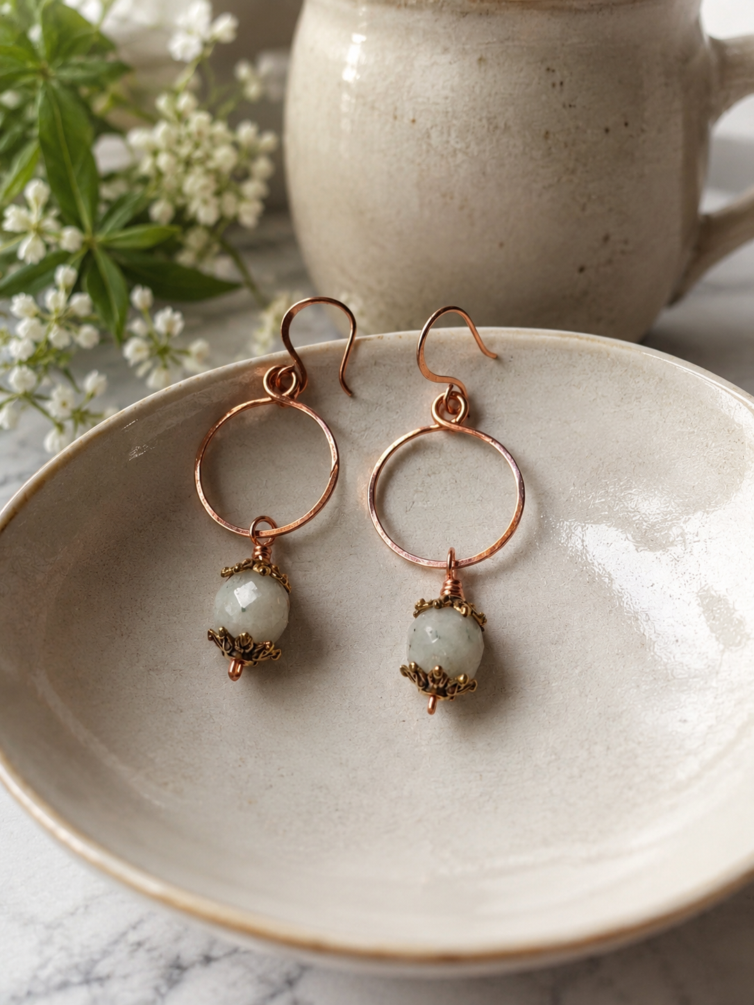 Copper Hoop Earrings with African Opals.