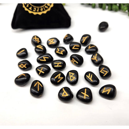 Black Agate Rune Set – 24 Engraved Gemstone Runes + Blank, Info Sheet &amp; Pouch