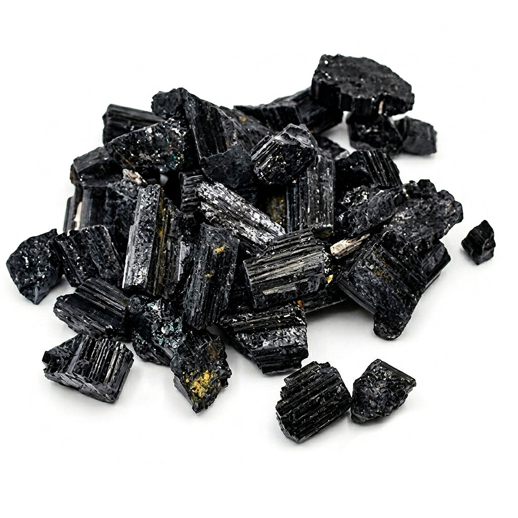 Medium raw black tourmaline schorl stones in bulk — natural rough dark crystal pieces for protection grids and grounding practice.