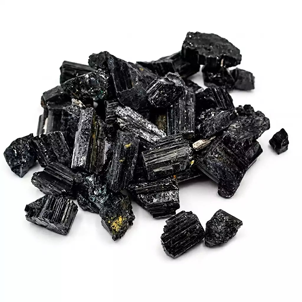 Medium raw black tourmaline schorl stones in bulk — natural rough dark crystal pieces for protection grids and grounding practice.