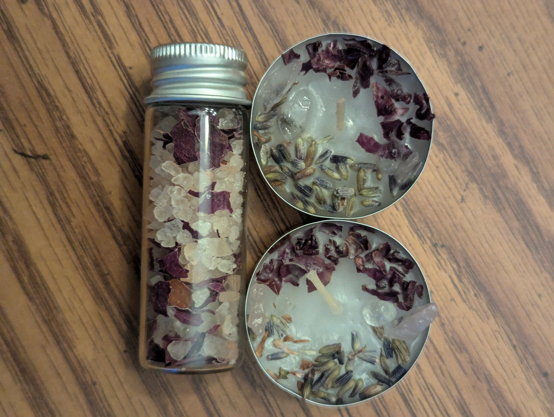 Mini Glamour Love Spell Kit | Rose Quartz, Lavender Tea Lights &amp; Rose Himalayan Salts