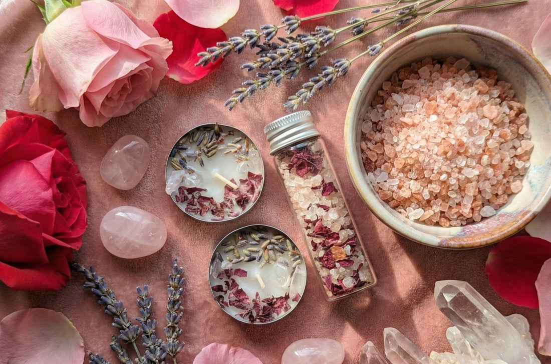 Mini Glamour Love Spell Kit | Rose Quartz, Lavender Tea Lights &amp; Rose Himalayan Salts