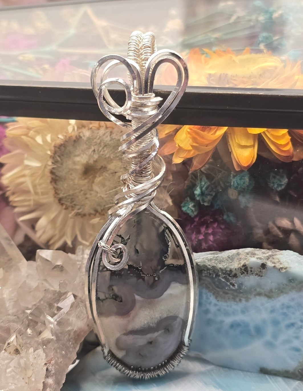 Moss Agate Pendant in Silver Plated Copper Wire