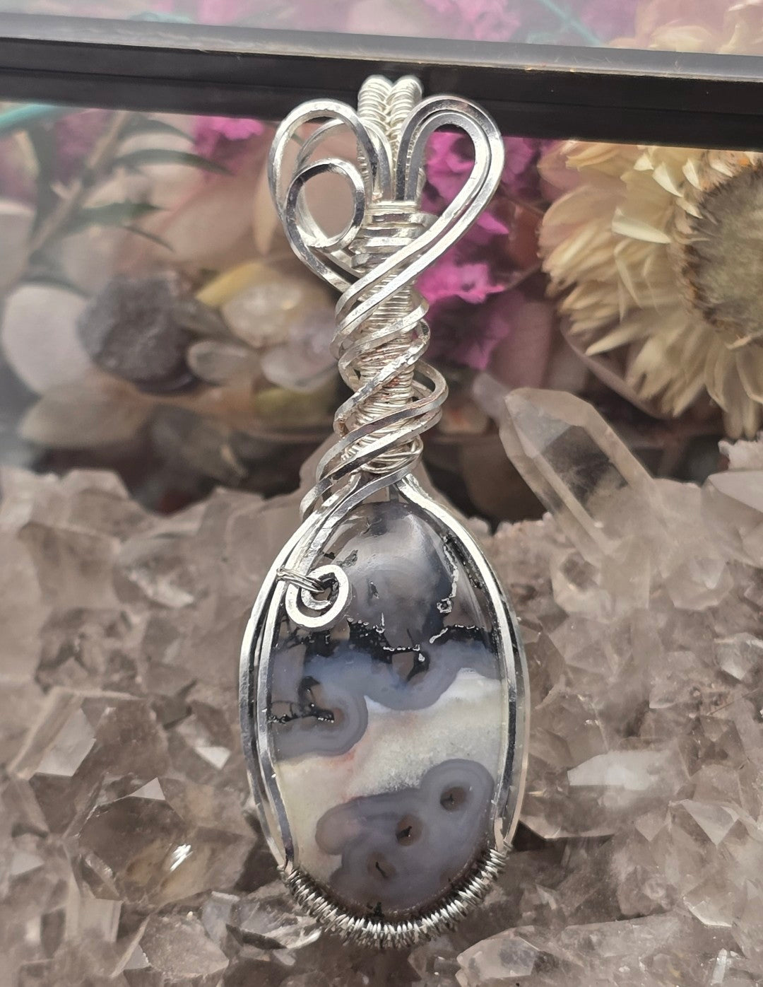 Moss Agate Pendant in Silver Plated Copper Wire