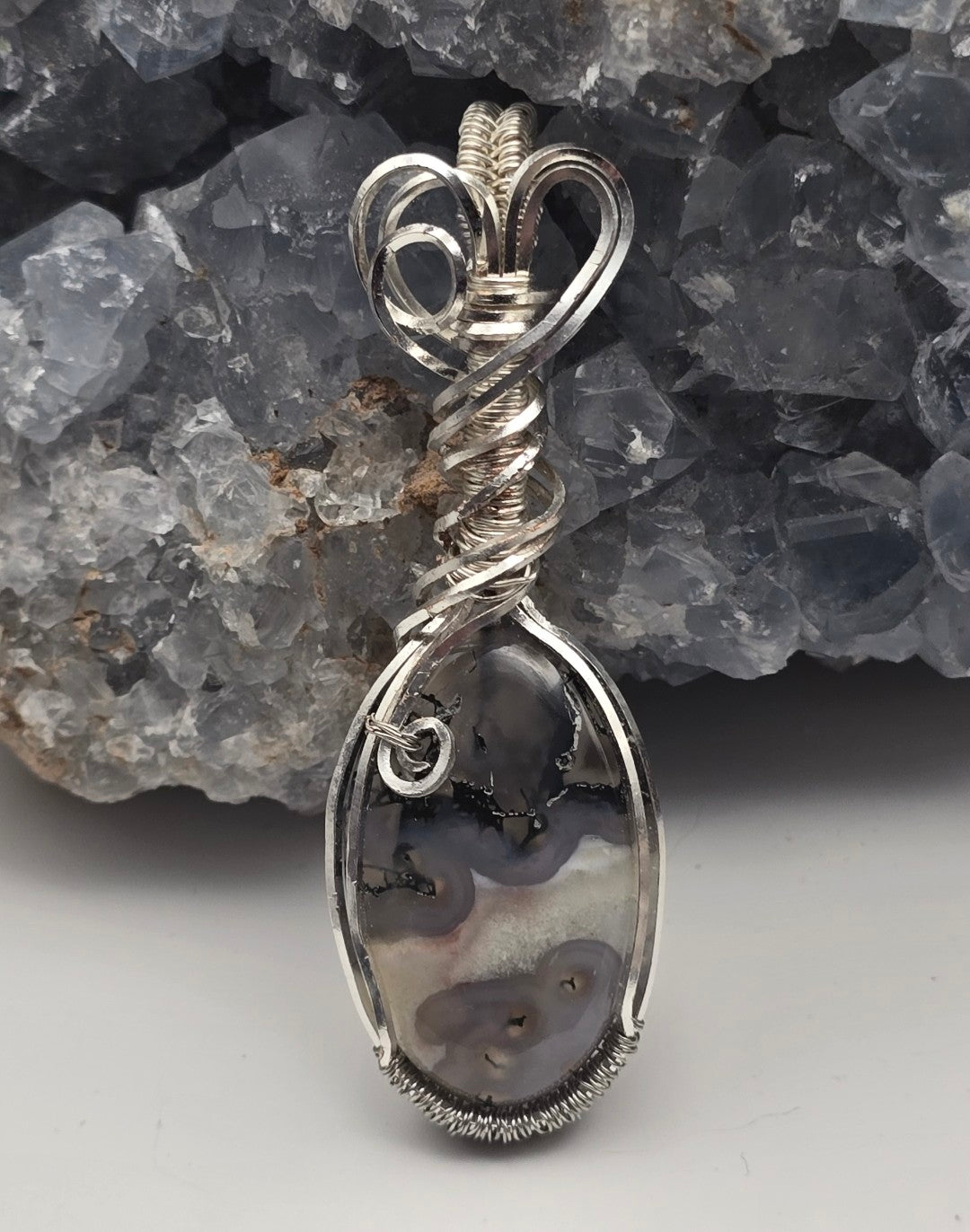 Moss Agate Pendant in Silver Plated Copper Wire