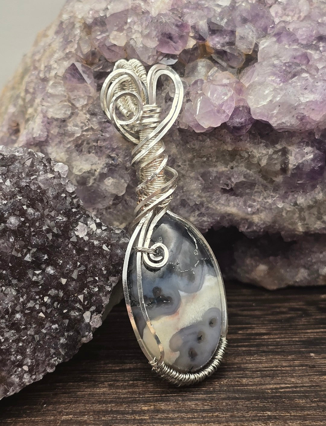 Moss Agate Pendant in Silver Plated Copper Wire