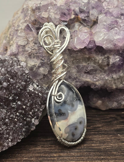 Moss Agate Pendant in Silver Plated Copper Wire