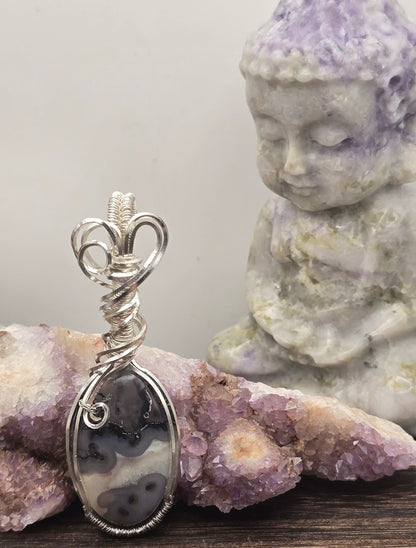Moss Agate Pendant in Silver Plated Copper Wire