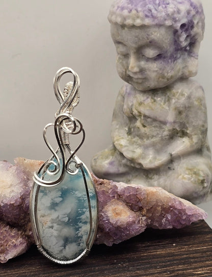 Blue &amp; White Plume Agate Pendant