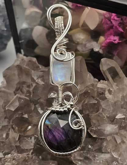 Faceted Purple Flash Labradorite and Moonstone Pendant