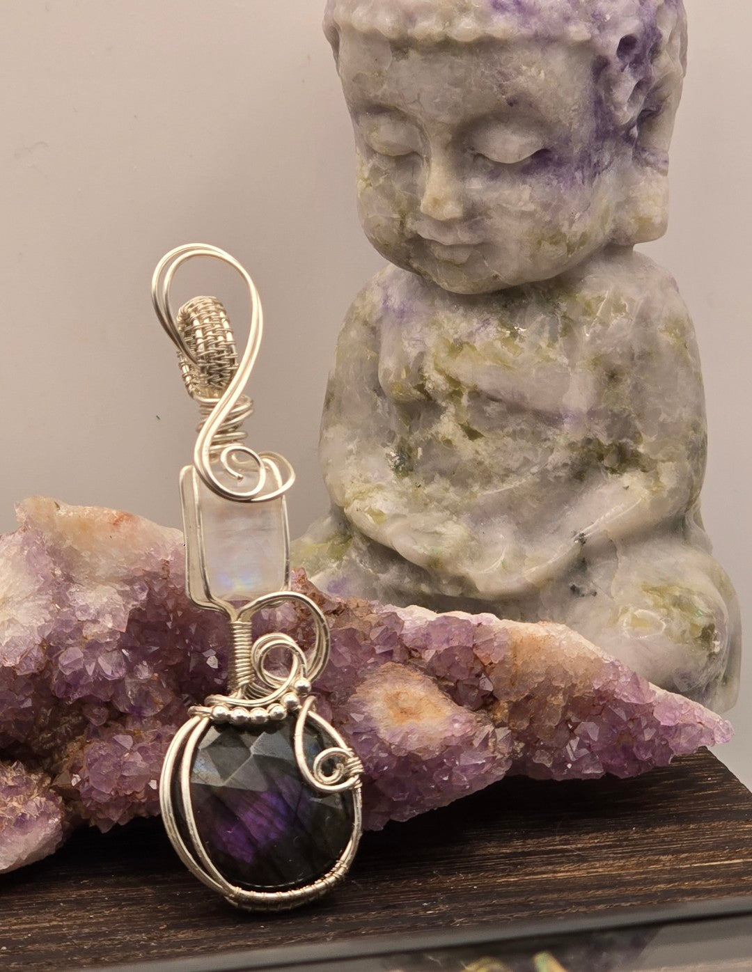 Faceted Purple Flash Labradorite and Moonstone Pendant