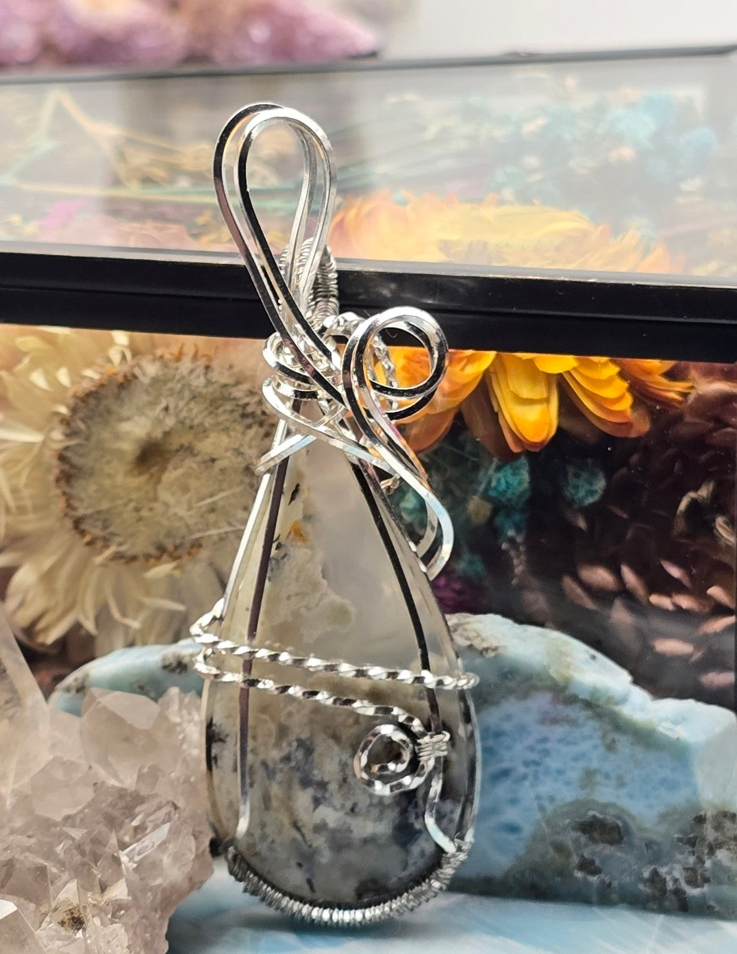 Moss Agate Pendant Wrapped in Silver-Plated Copper Wire