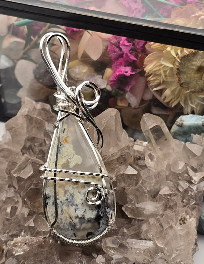 Moss Agate Pendant Wrapped in Silver-Plated Copper Wire