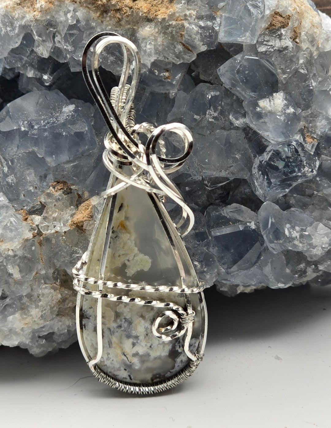 Moss Agate Pendant Wrapped in Silver-Plated Copper Wire