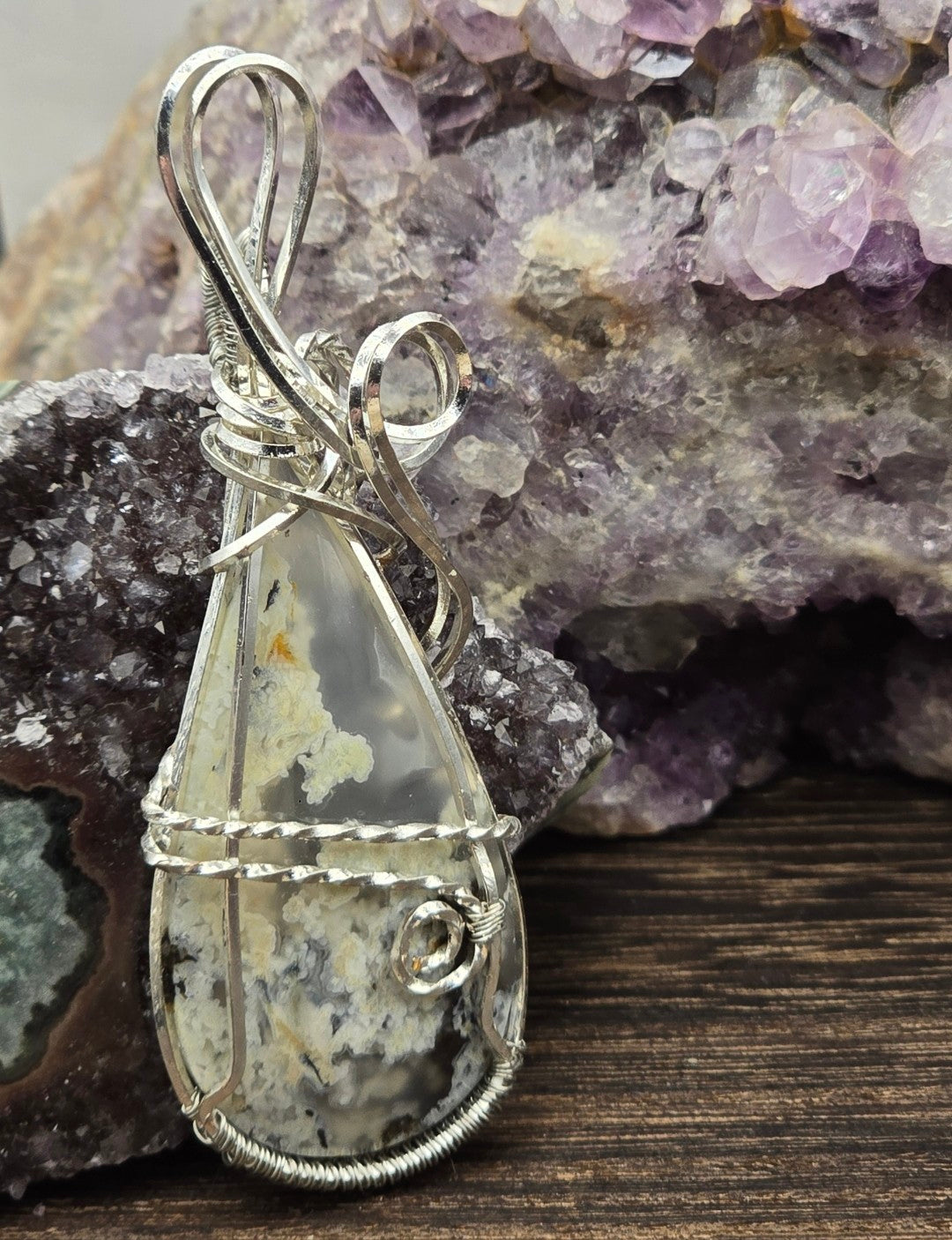 Moss Agate Pendant Wrapped in Silver-Plated Copper Wire