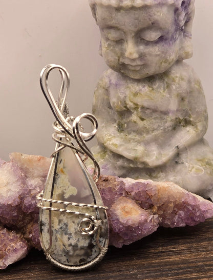 Moss Agate Pendant Wrapped in Silver-Plated Copper Wire