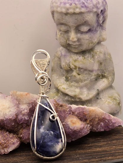 Sodalite Pendant Wrapped in Silver-Plated Copper Wire