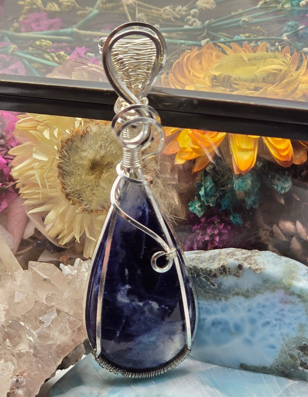 Sodalite Pendant Wrapped in Silver-Plated Copper Wire