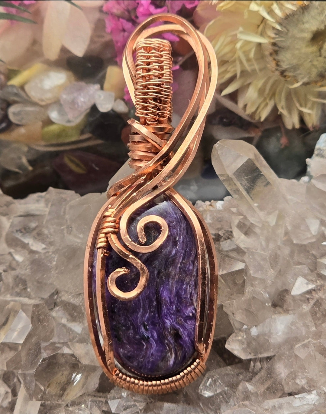 Charoite Pendant Wrapped In Copper Wire