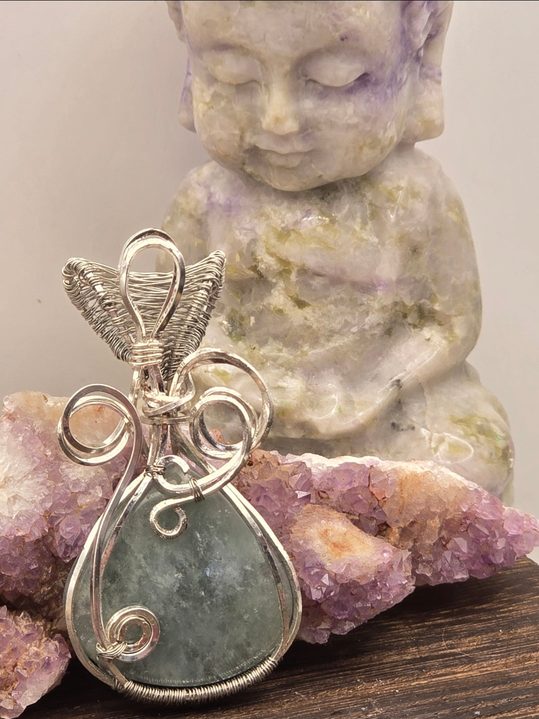Aquamarine Pendant Wrapped In Silver-Plated Copper Wire