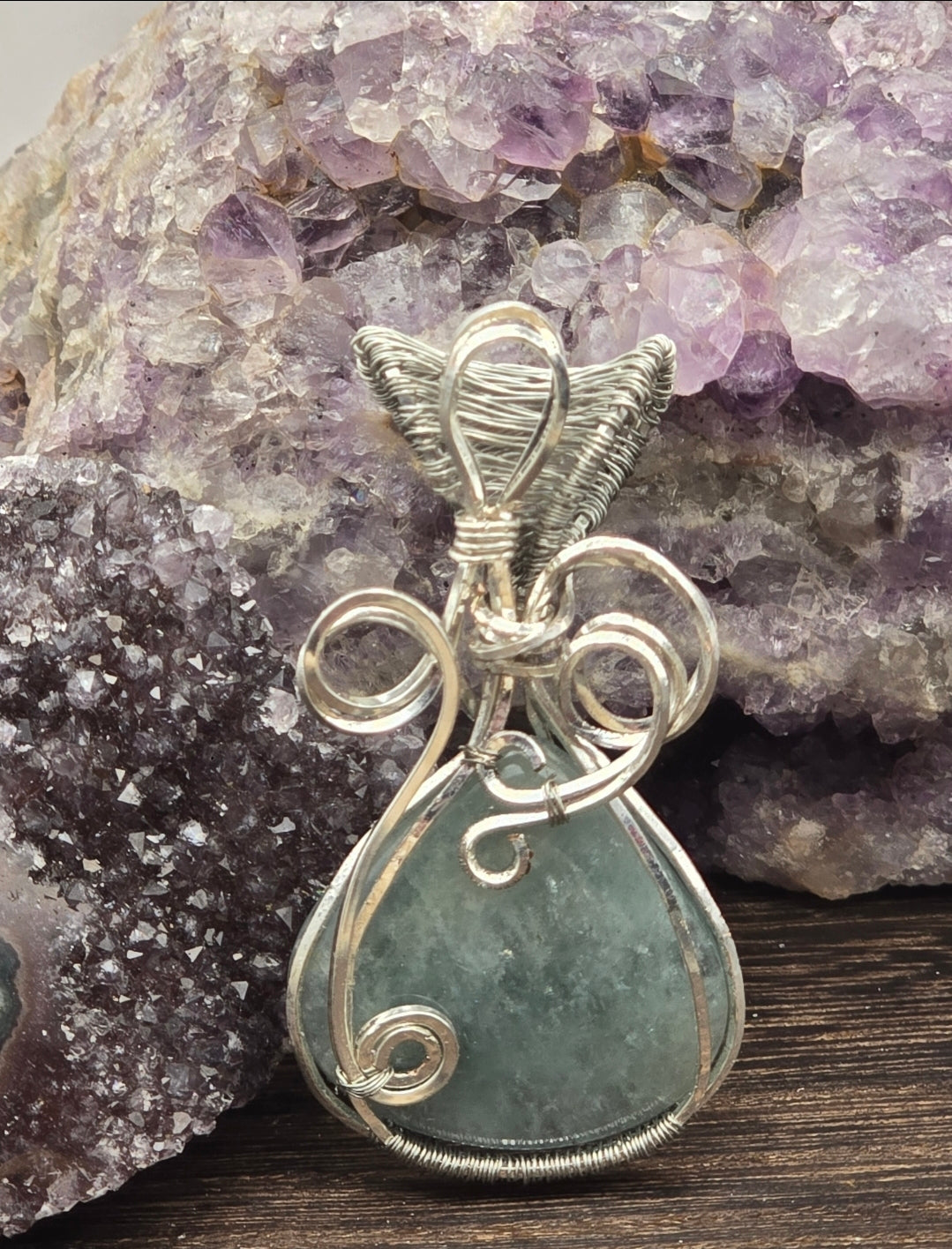 Aquamarine Pendant Wrapped In Silver-Plated Copper Wire