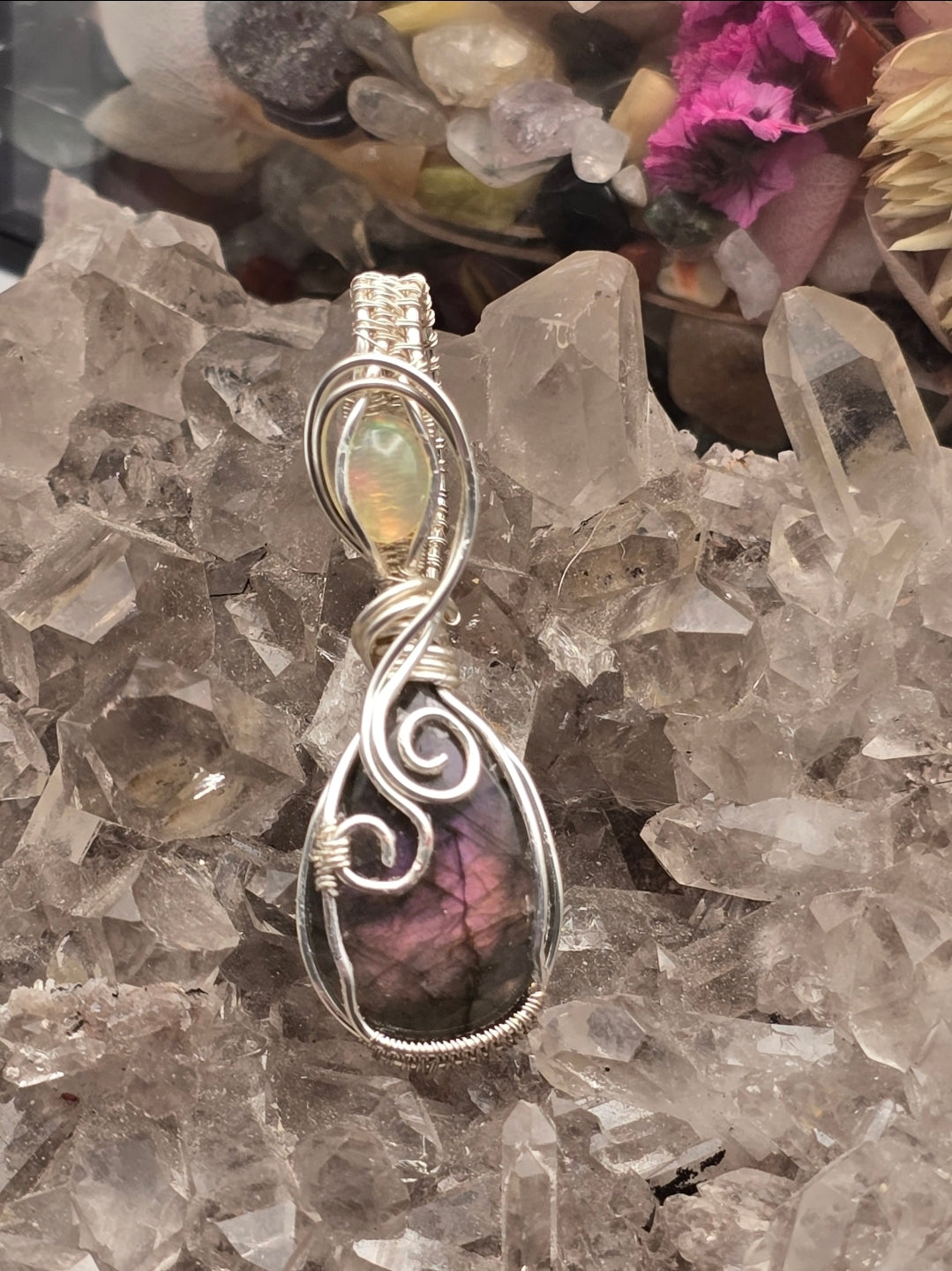 Purple Flash Labradorite And Ethiopian Opal Pendant
