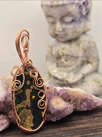 Orbicular Ocean Jasper Pendant - Copper Wire