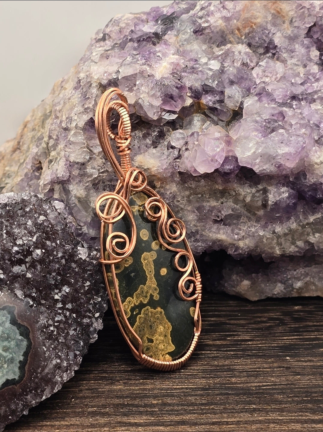 Orbicular Ocean Jasper Pendant - Copper Wire