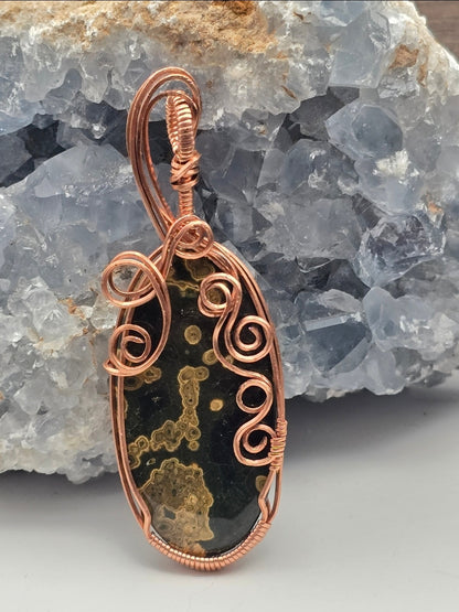 Orbicular Ocean Jasper Pendant - Copper Wire