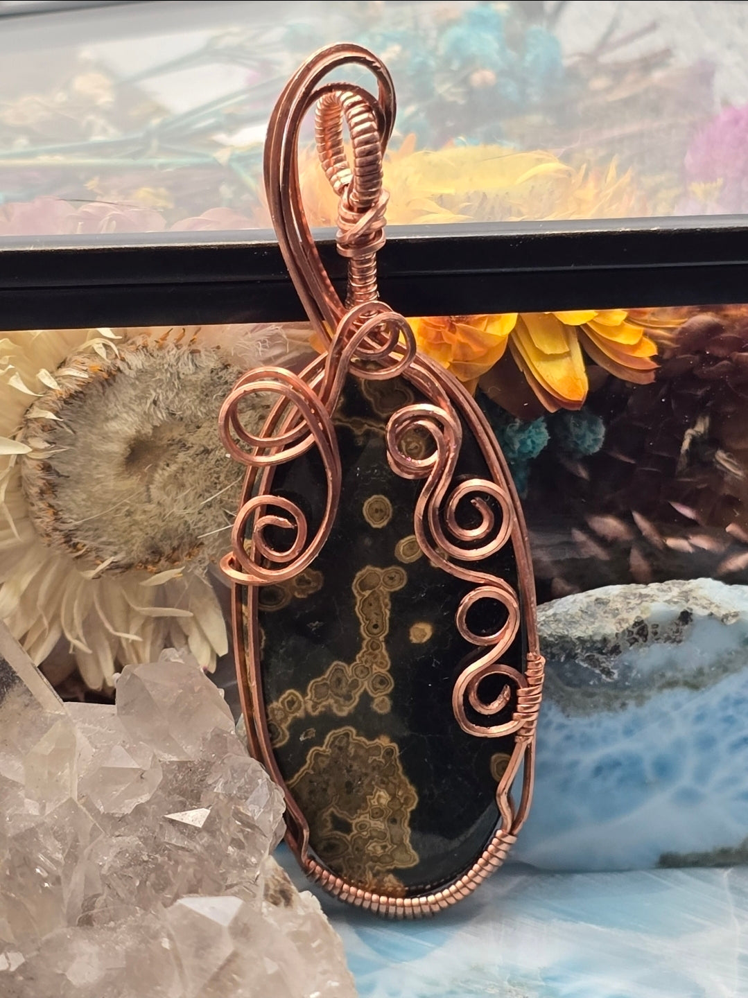 Orbicular Ocean Jasper Pendant - Copper Wire