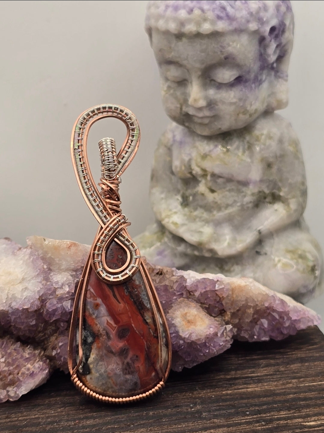 Crazy Lace Agate Pendant Wrapped in Dual-Tone Wire