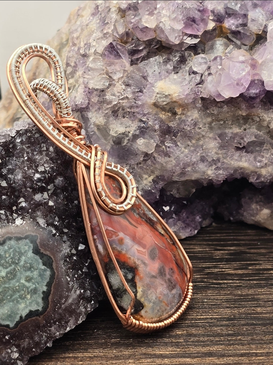 Crazy Lace Agate Pendant Wrapped in Dual-Tone Wire