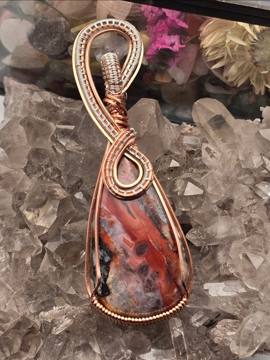 Crazy Lace Agate Pendant Wrapped in Dual-Tone Wire