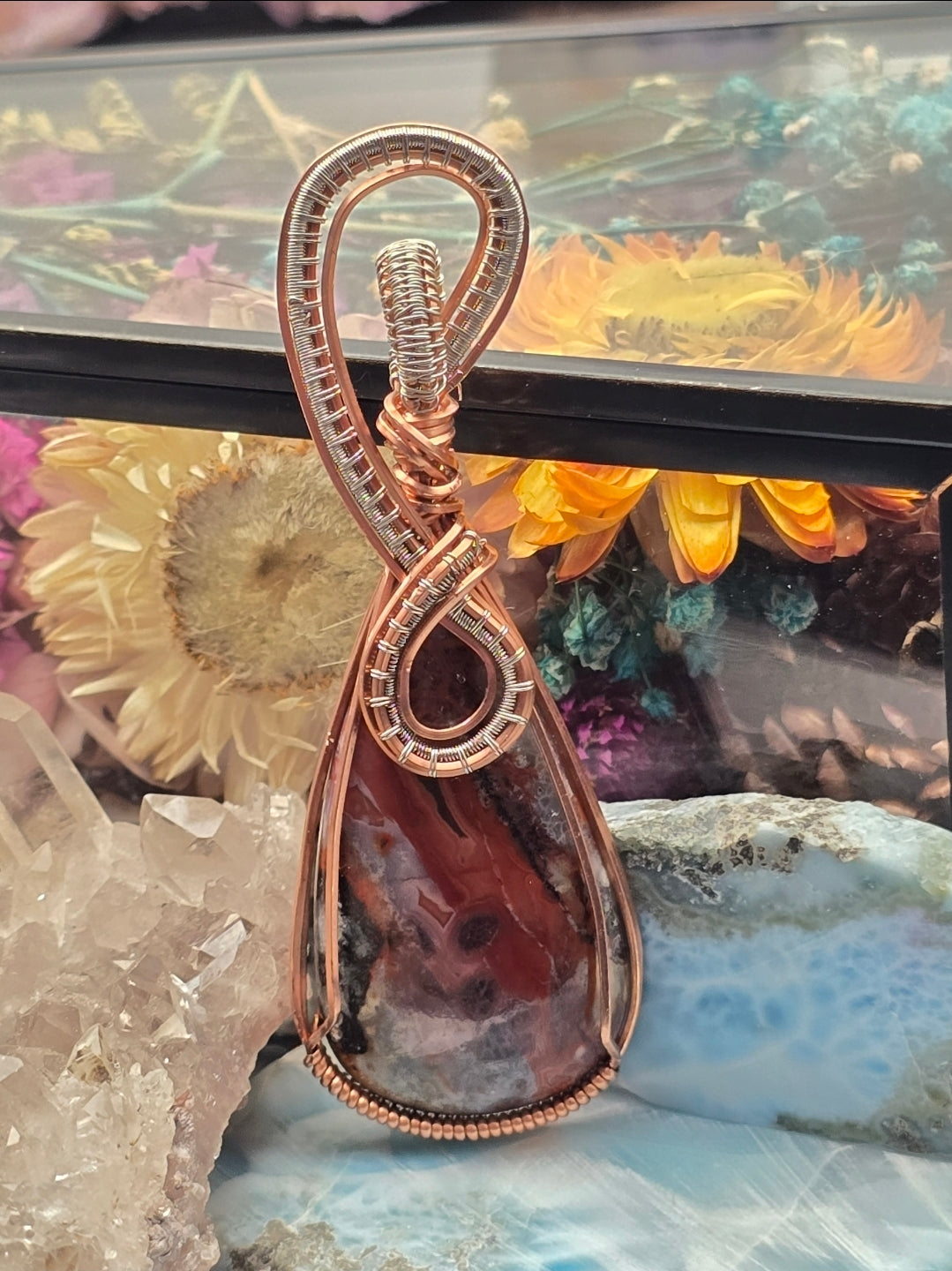 Crazy Lace Agate Pendant Wrapped in Dual-Tone Wire