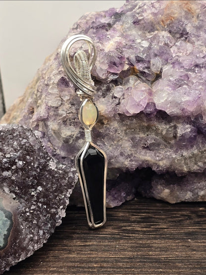 Coffin Cut Black Onyx And Ethiopian Opal Pendant