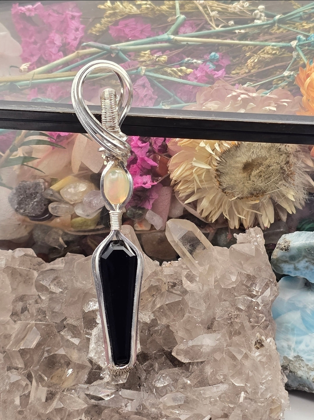 Coffin Cut Black Onyx And Ethiopian Opal Pendant