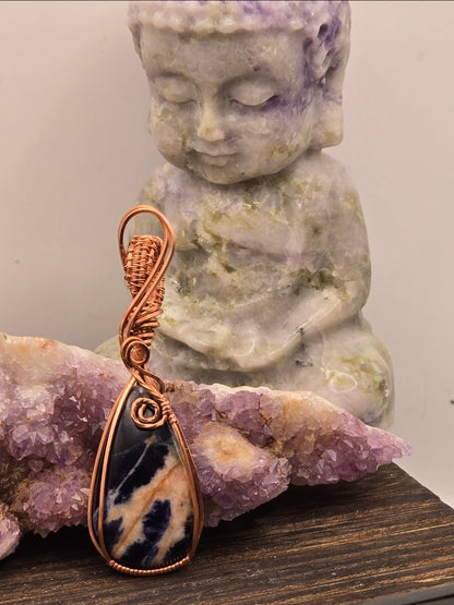 Sodalite Pendant, Blue and White in Copper Wire