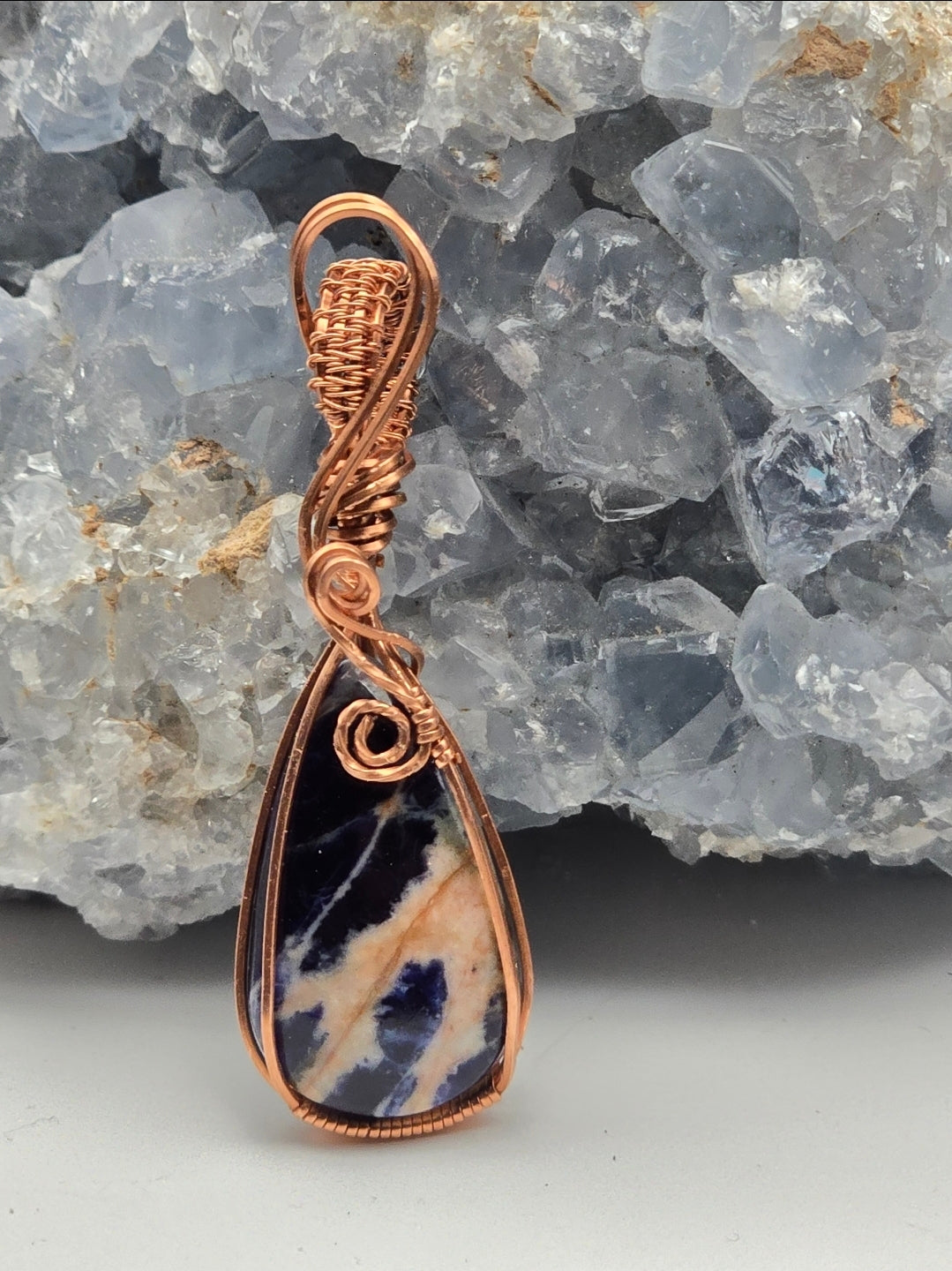 Sodalite Pendant, Blue and White in Copper Wire