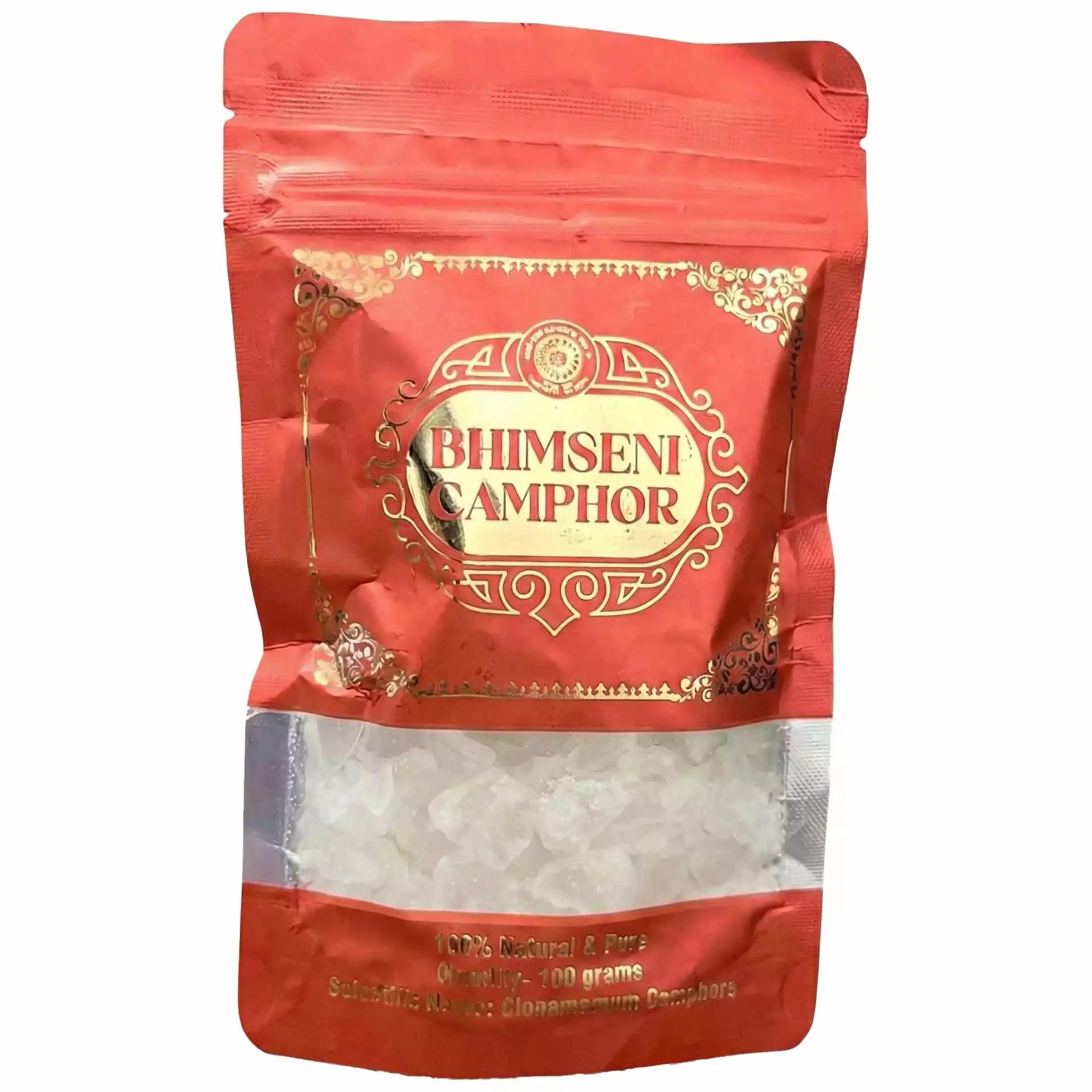 Red packaging of Bhimseni camphor chunks featuring traditional Indian decorative label for spiritual cleansing and aromatherapy