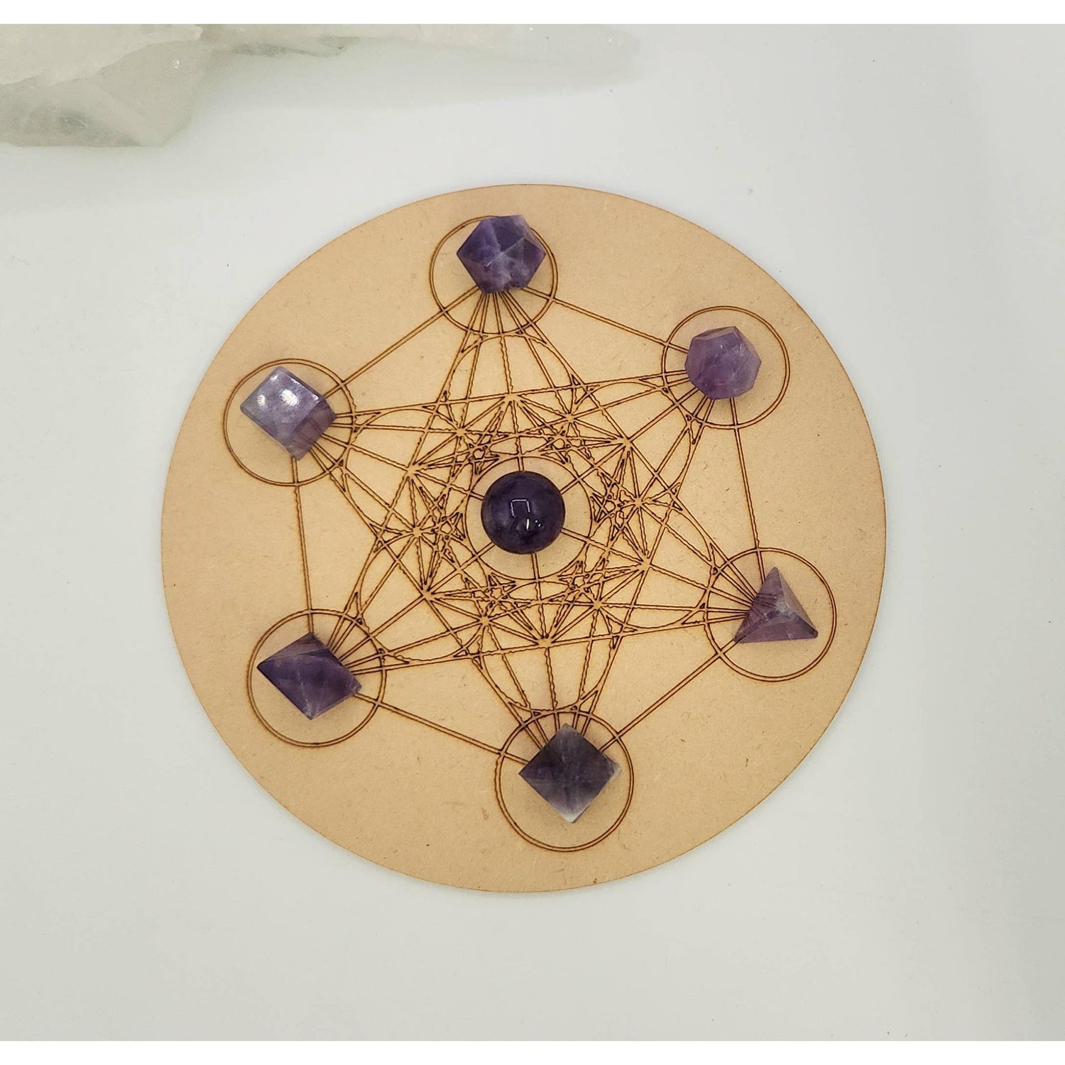 Amethyst 7-Piece Sacred Geometry Crystal Set with Wooden Grid &amp; Velvet Bag