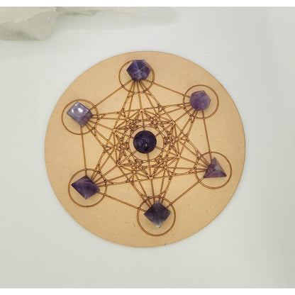 Amethyst 7-Piece Sacred Geometry Crystal Set with Wooden Grid &amp; Velvet Bag