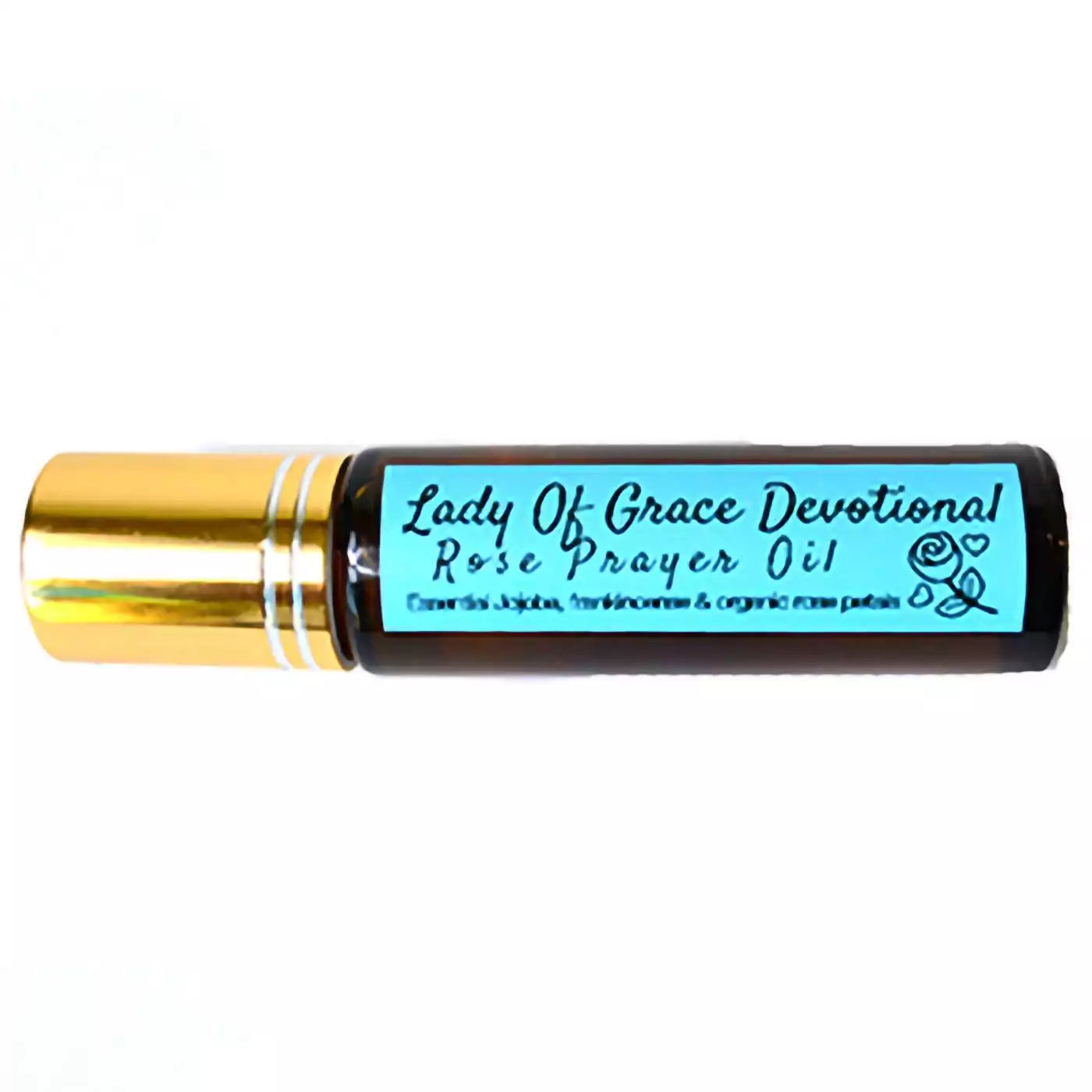 Small 10ml amber glass bottle labeled Lady of Grace Prayer Oil, shown on a neutral background.
