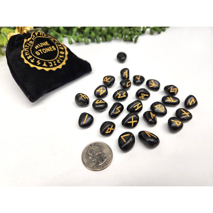 Black Agate Rune Set – 24 Engraved Gemstone Runes + Blank, Info Sheet &amp; Pouch