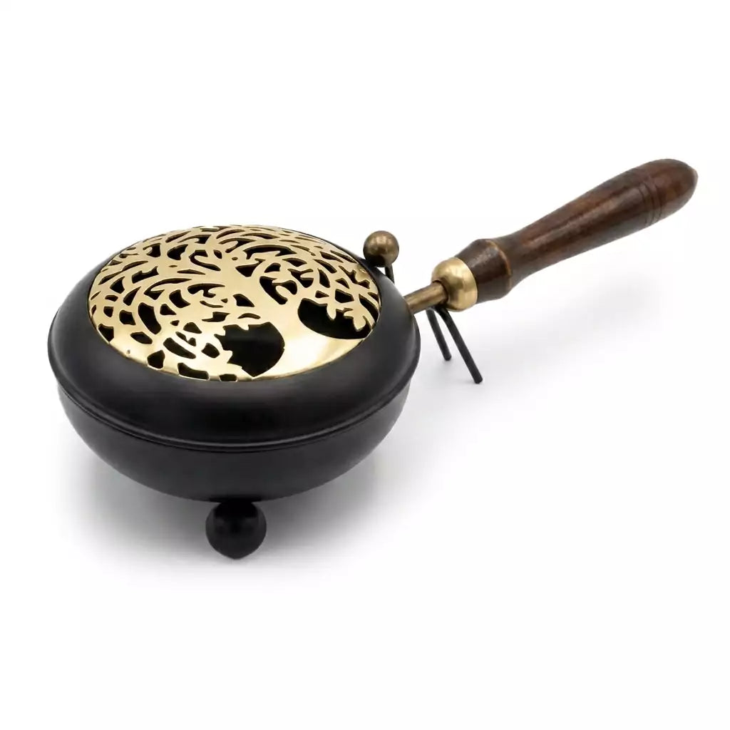 Decorative 11-inch Tree of Life metal incense burner with tree design on the lid, wooden handle, and black body with gold accents — charcoal censer with 4¾-inch bowl for resin incense, sage, and palo santo burning.