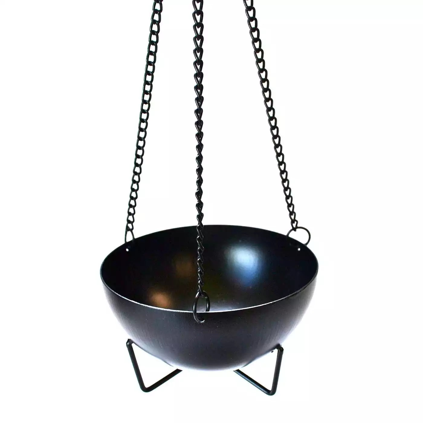 Black hanging metal incense burner — cauldron style with chain suspension and leg support for tabletop use. 12-inch long with 4¾-inch wide bowl for charcoal, resin incense, sage, and palo santo burning.