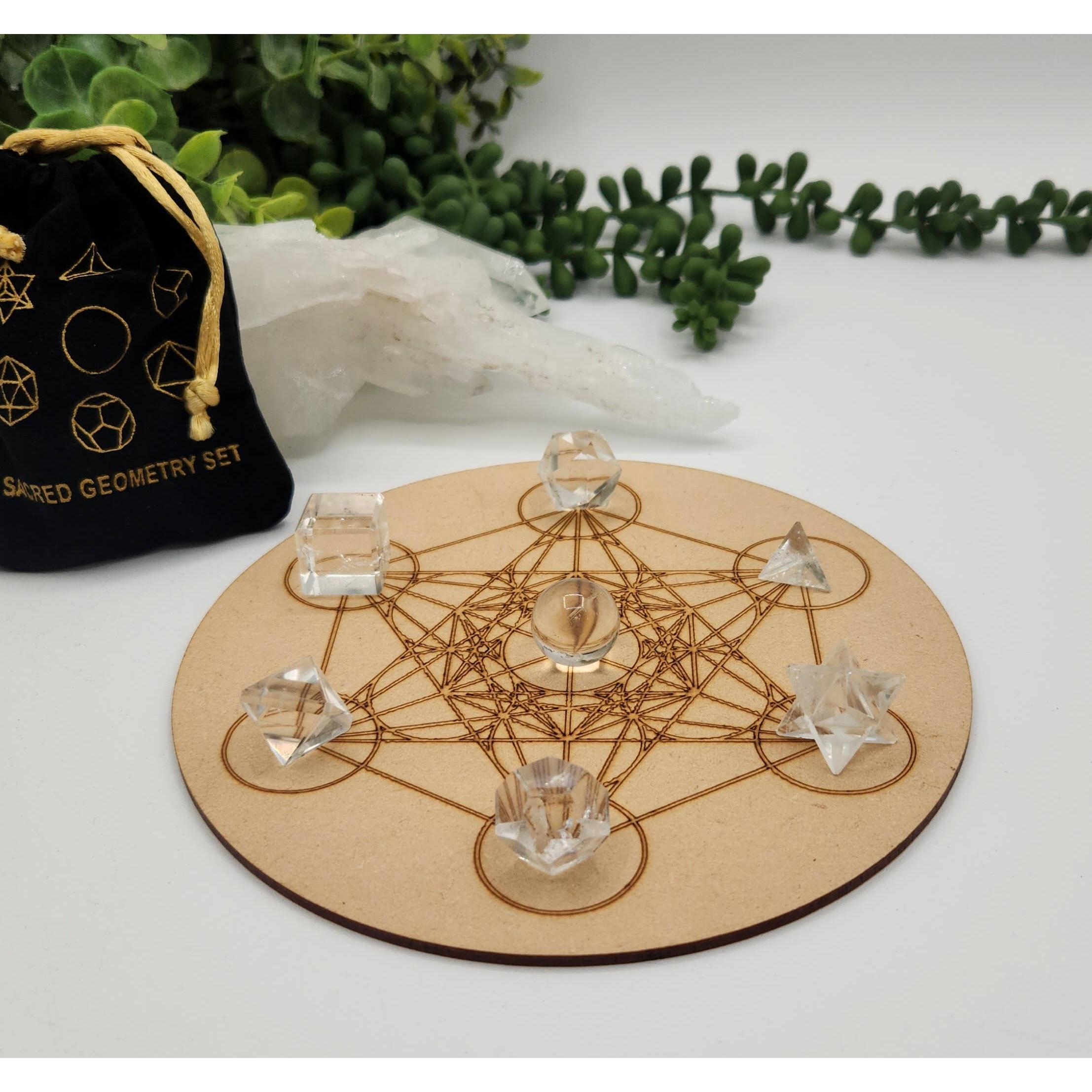 Clear Quartz Sacred Geometry Set – 7 Carved Crystals + Merkaba &amp; Sphere with Grid &amp; Pouch