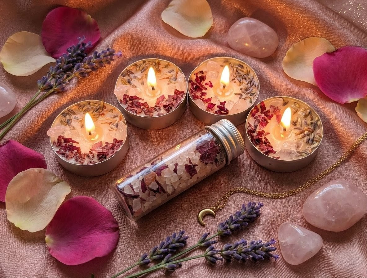 Goddess Glow Ritual Kit | Rose Quartz, Lavender Tea Lights &amp; Rose Himalayan Pink Salts