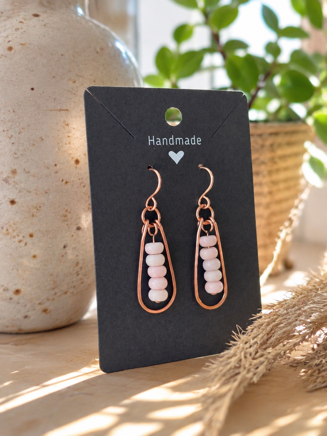 Copper Teardrop Wire Wrapped Earrings with Pink Opals