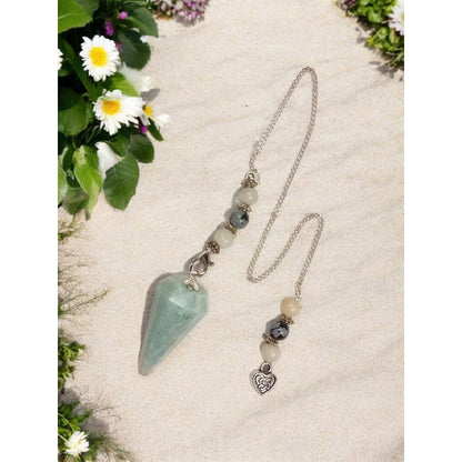 Amazonite Hexagonal Crystal Pendulum with Celtic Heart &amp; Beaded Accents – Spiritual Divination Tool