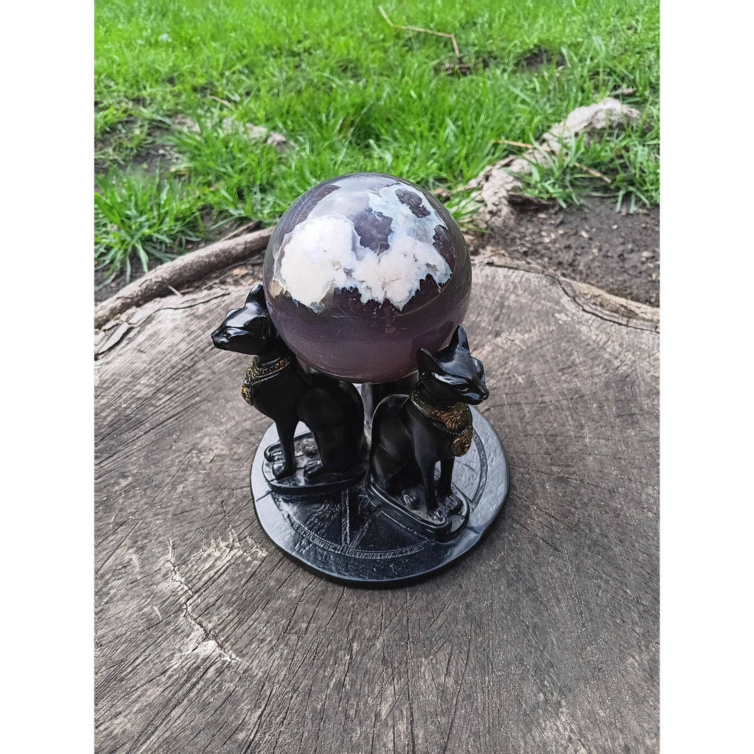 Egyptian Bastet Cat Guardian Pentacle Sphere Holder – Triple Feline Protection for Crystals &amp; Altars